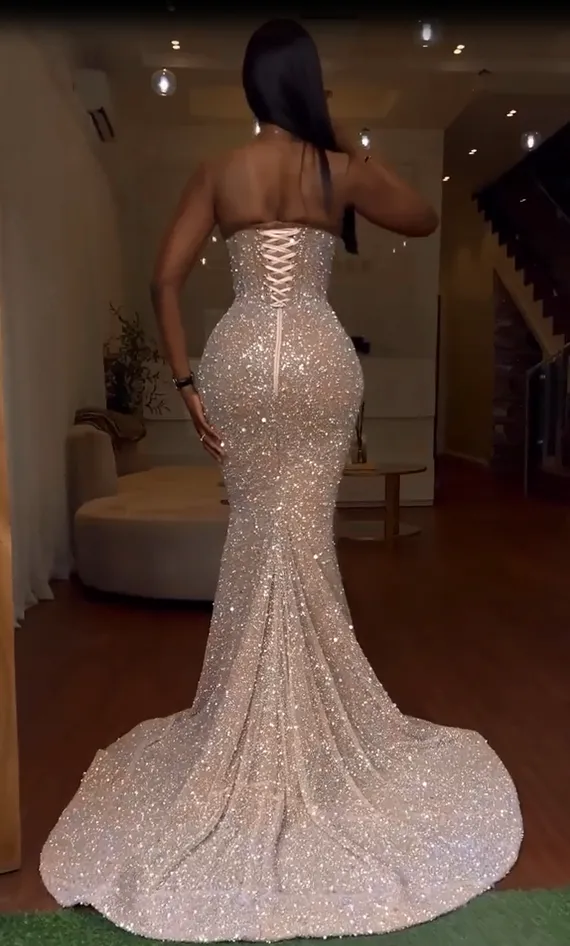 Crew Neck Sleeveless Glitter Sequins  Mermaid Prom Dresses With Slit
