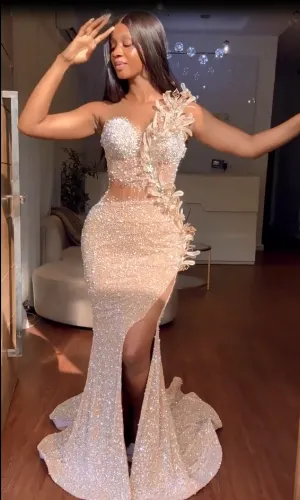 Crew Neck Sleeveless Glitter Sequins  Mermaid Prom Dresses With Slit