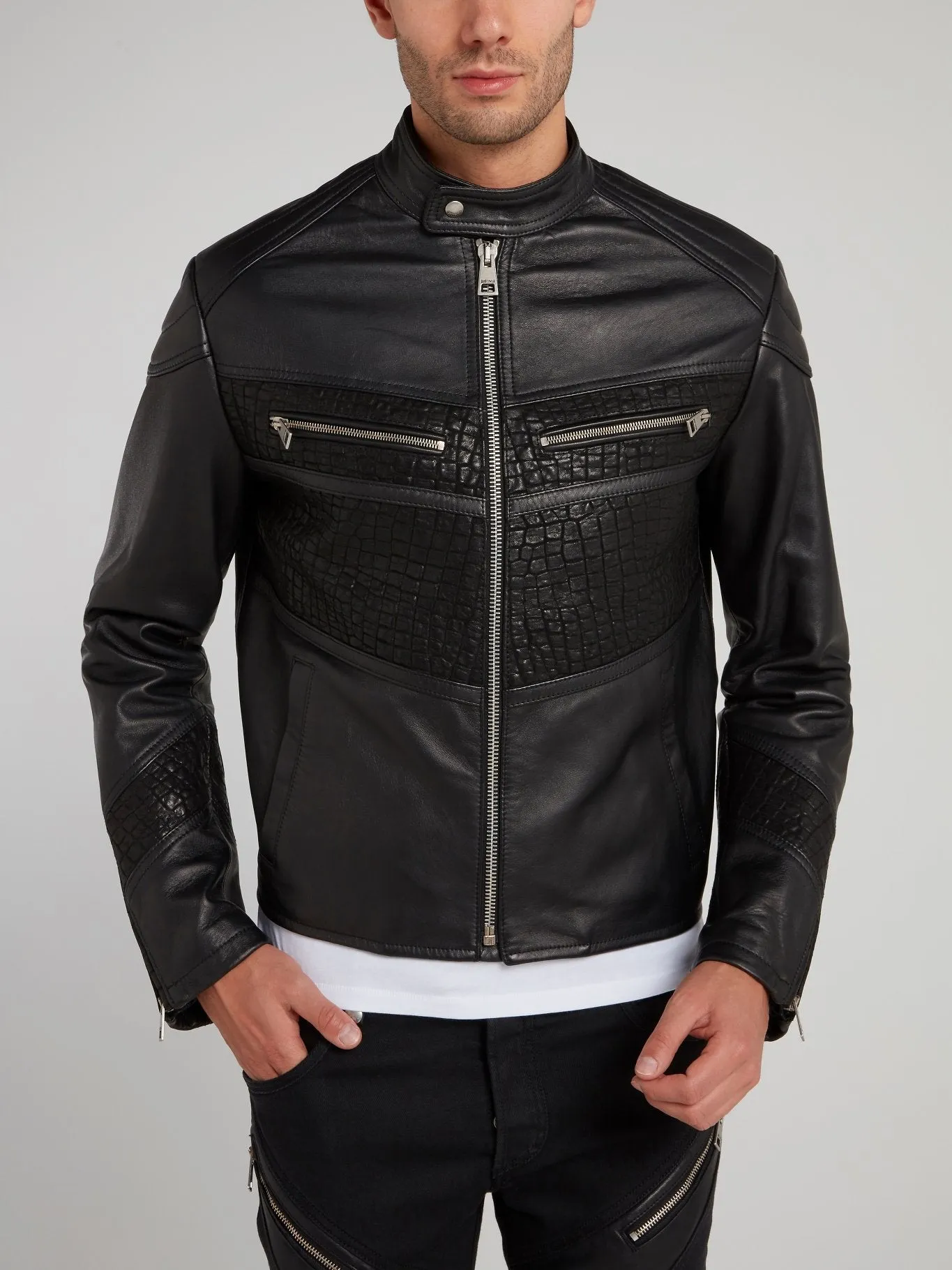 Crocodile Panel Leather Sports Jacket