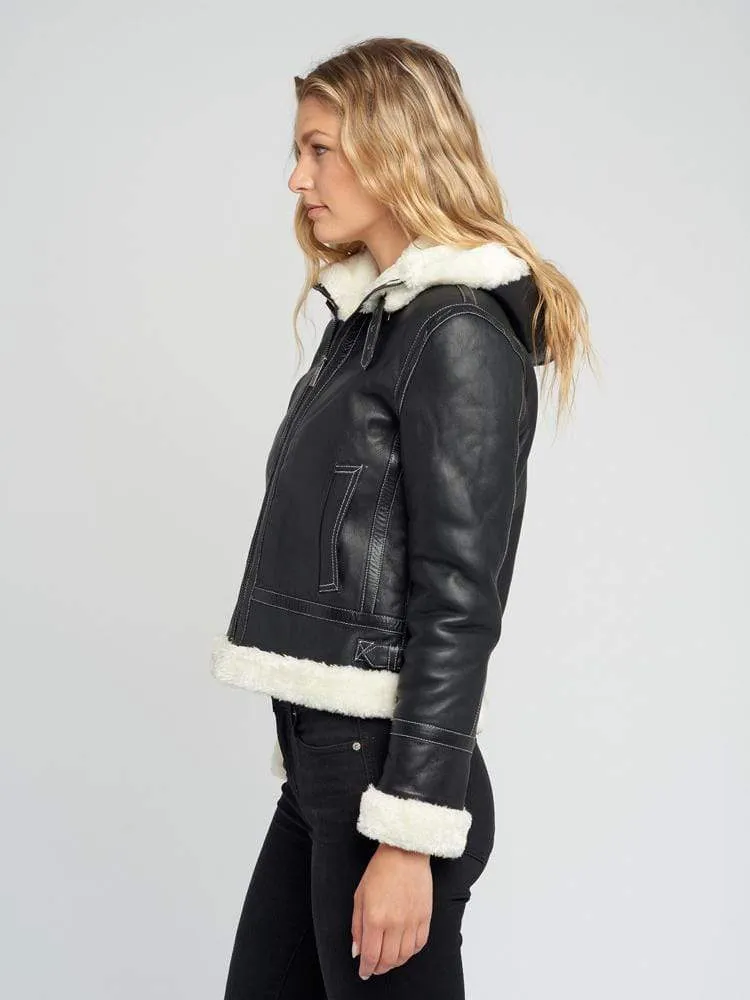Delia Detachable Fur Hood Leather Jacket