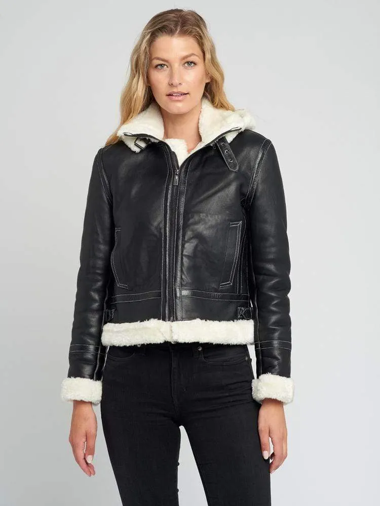 Delia Detachable Fur Hood Leather Jacket