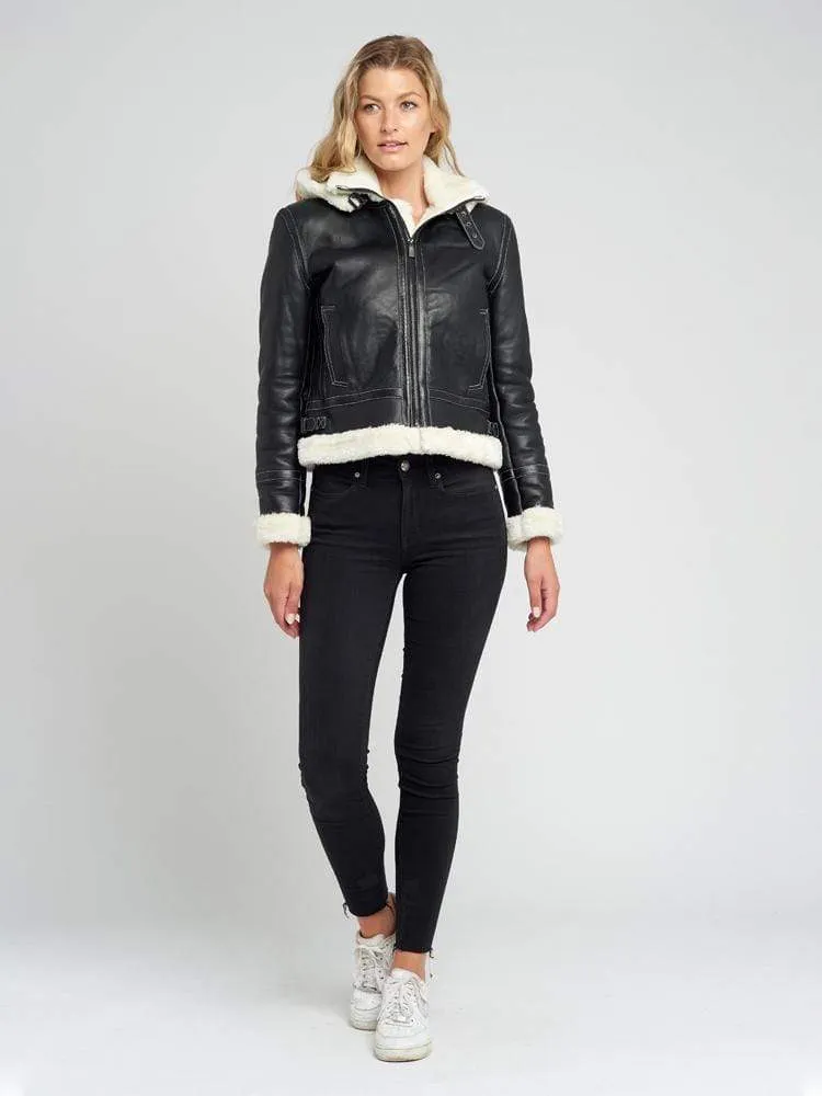 Delia Detachable Fur Hood Leather Jacket