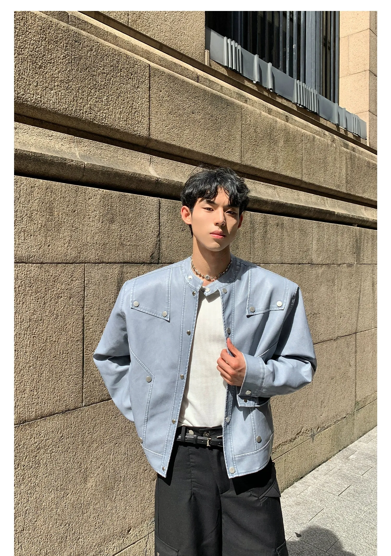 Distressed Crew Neck Leather Jacket