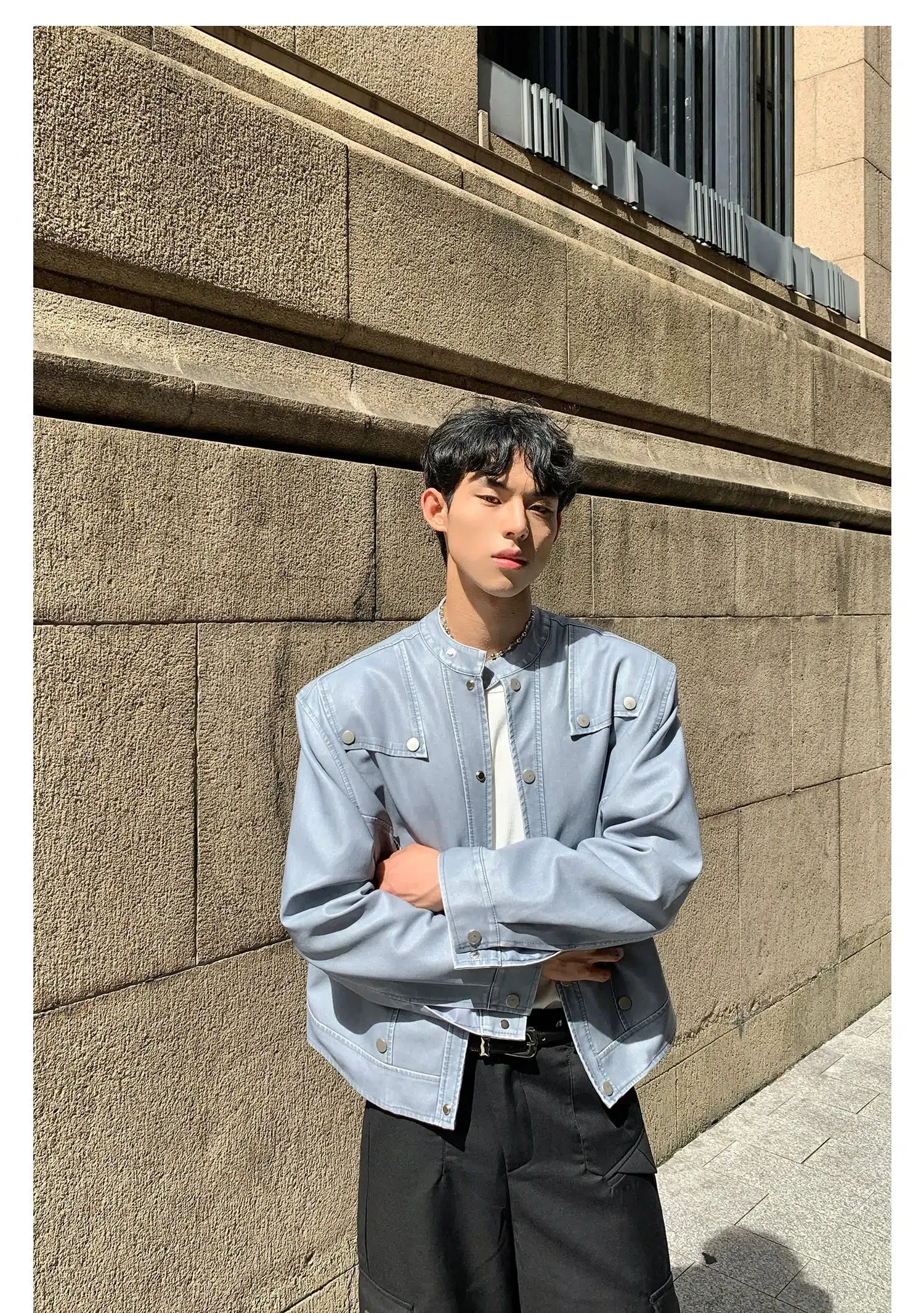 Distressed Crew Neck Leather Jacket