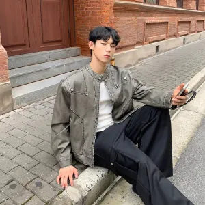 Distressed Crew Neck Leather Jacket