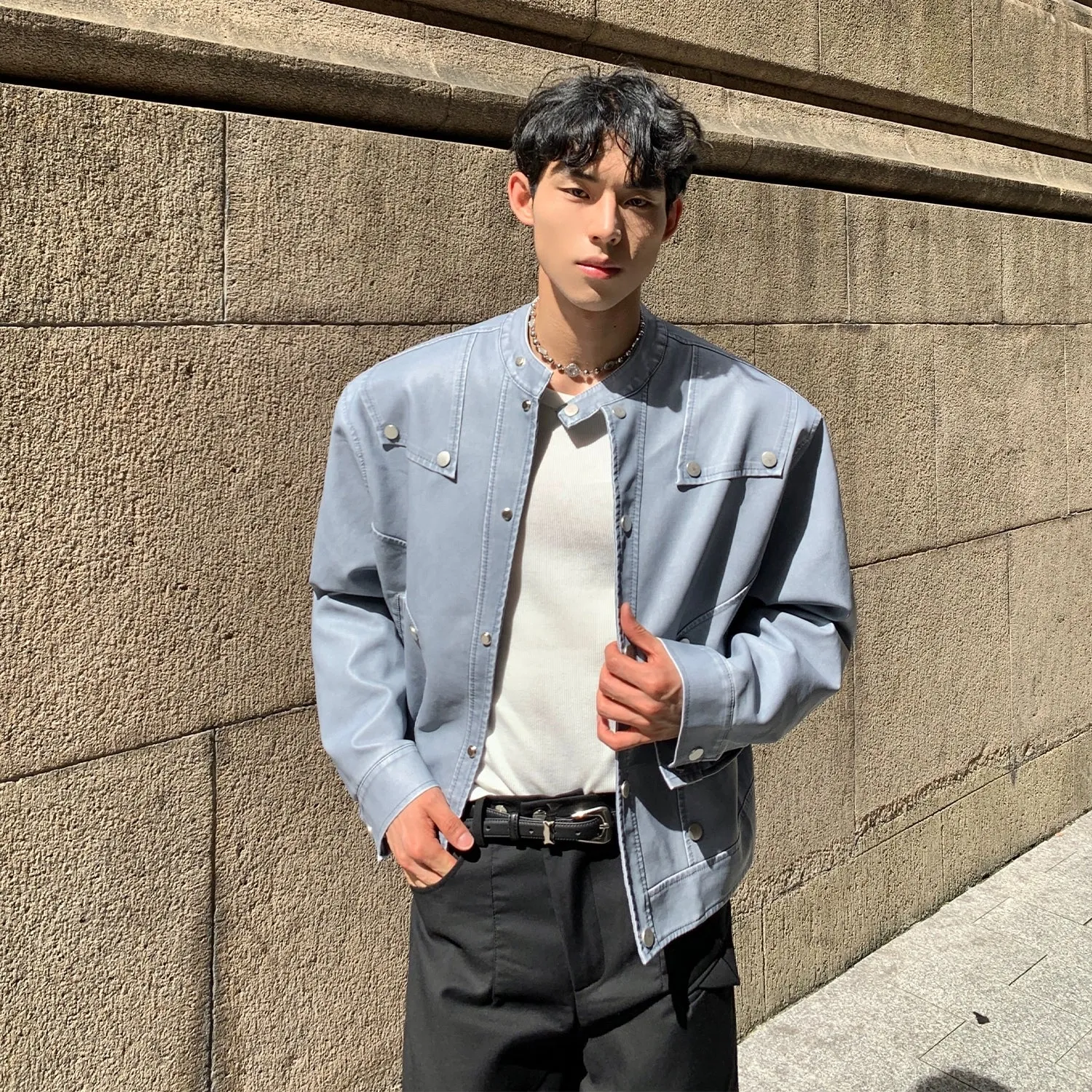 Distressed Crew Neck Leather Jacket