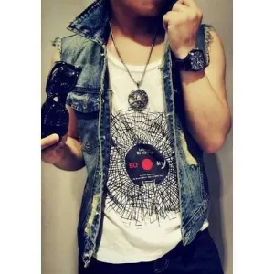 Distressed Wash Back Letters Cartoon Print Hole Design Turn-down Collar Slim Fit Men's Denim Waistccoat - M