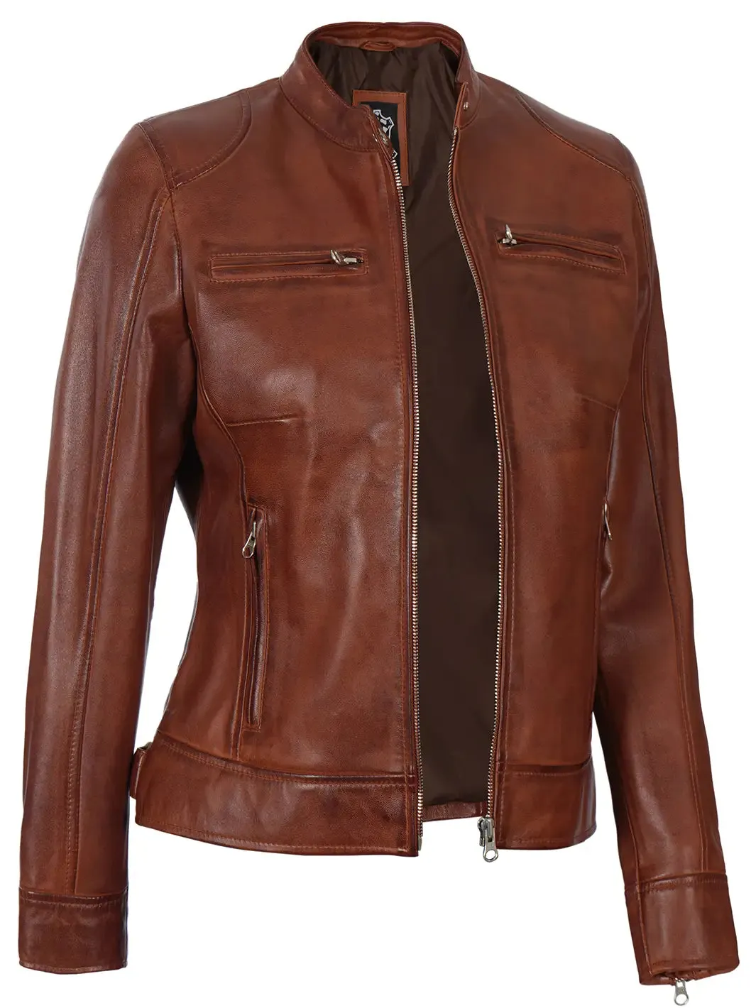 Dodge Womens Cognac Motorcycle Leather Jacket