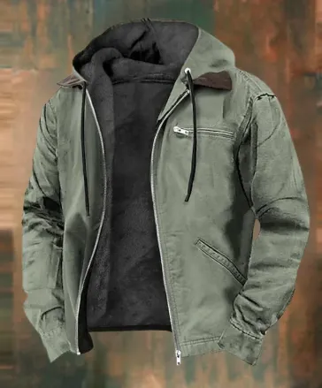 Durable hooded men's jacket, fleece-lined and zip-up