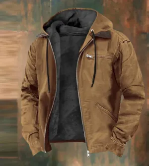 Durable hooded men's jacket, fleece-lined and zip-up