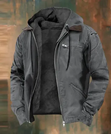 Durable hooded men's jacket, fleece-lined and zip-up