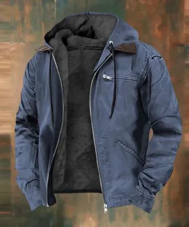 Durable hooded men's jacket, fleece-lined and zip-up
