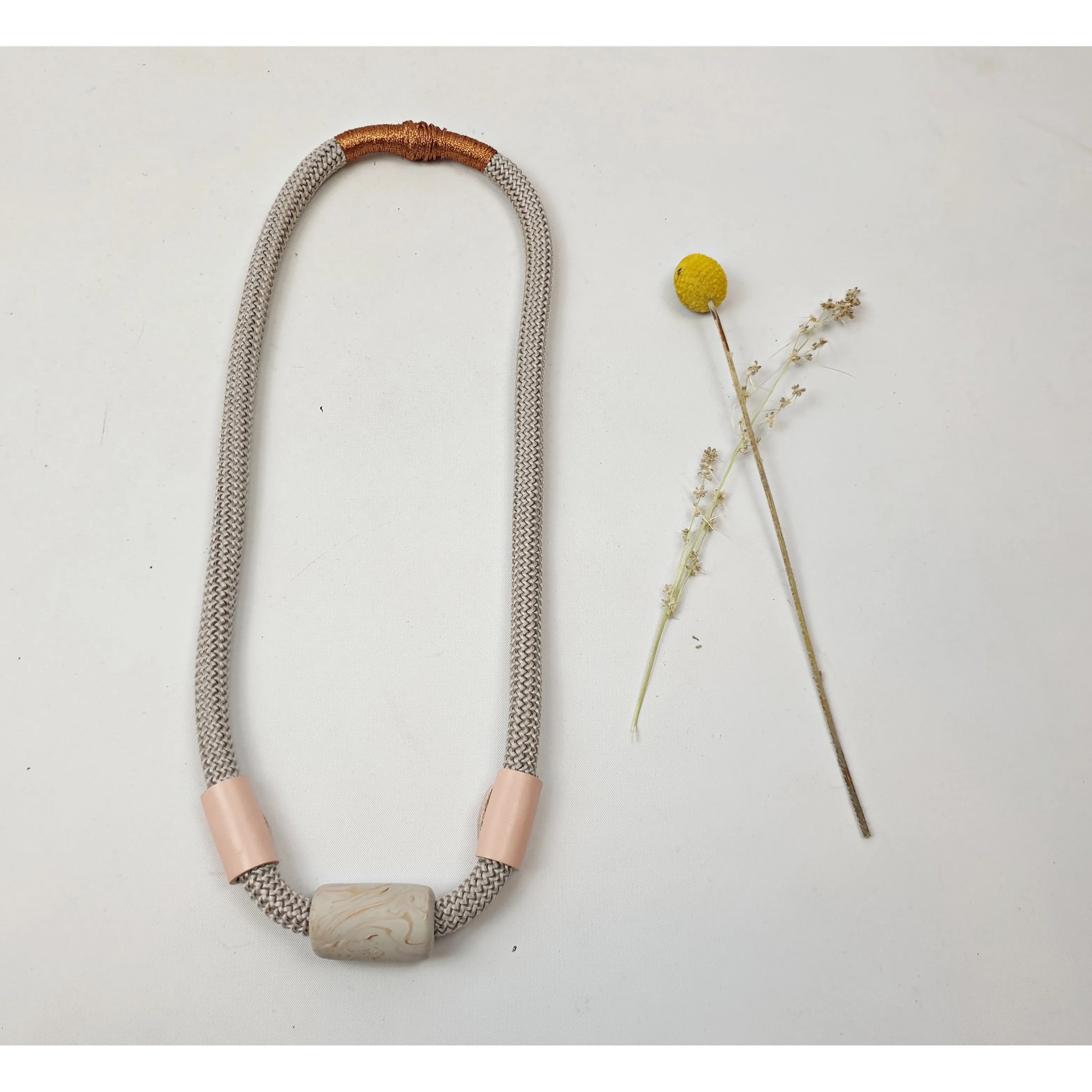 Elk lavendar woven fabric chunky necklace with pink leather detail