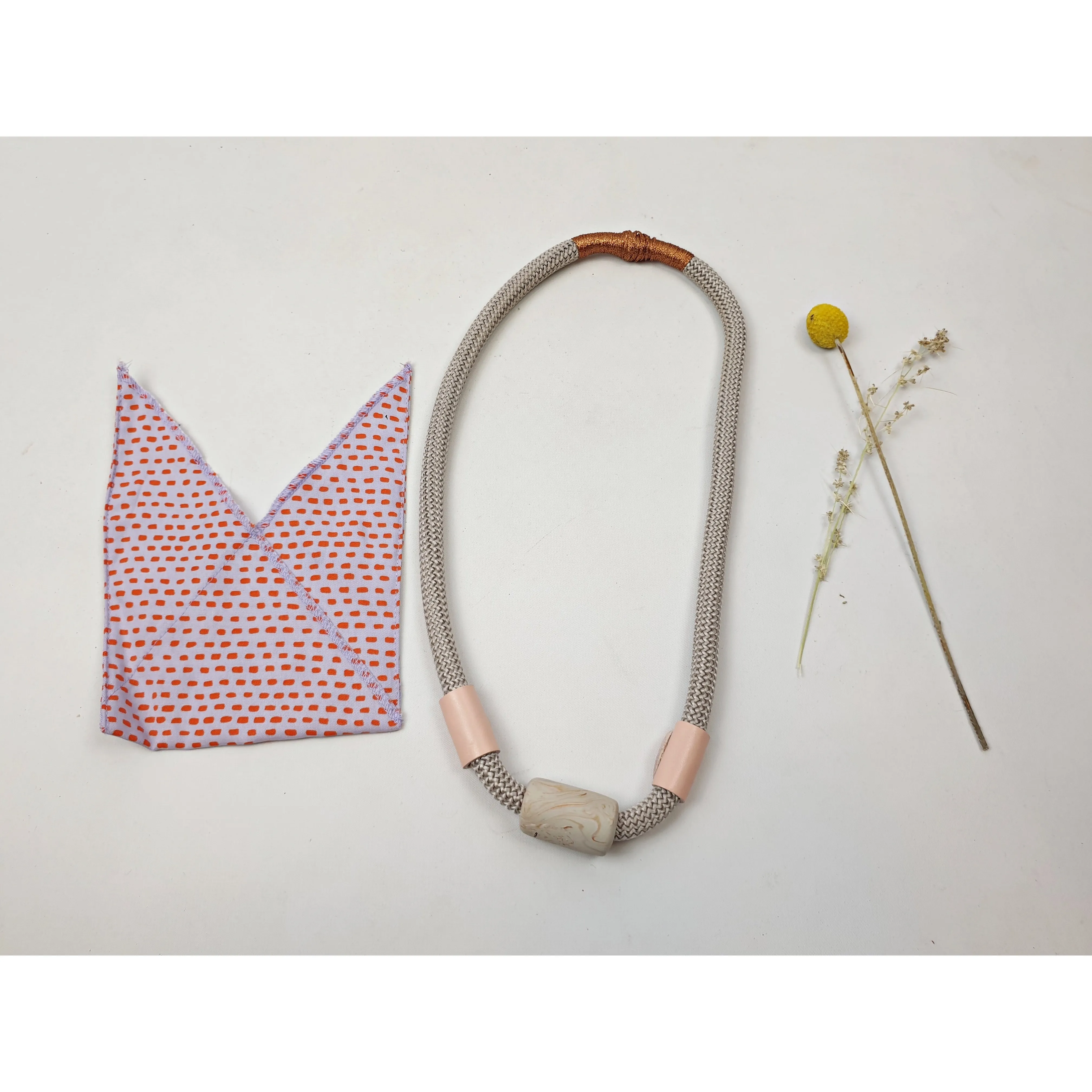 Elk lavendar woven fabric chunky necklace with pink leather detail