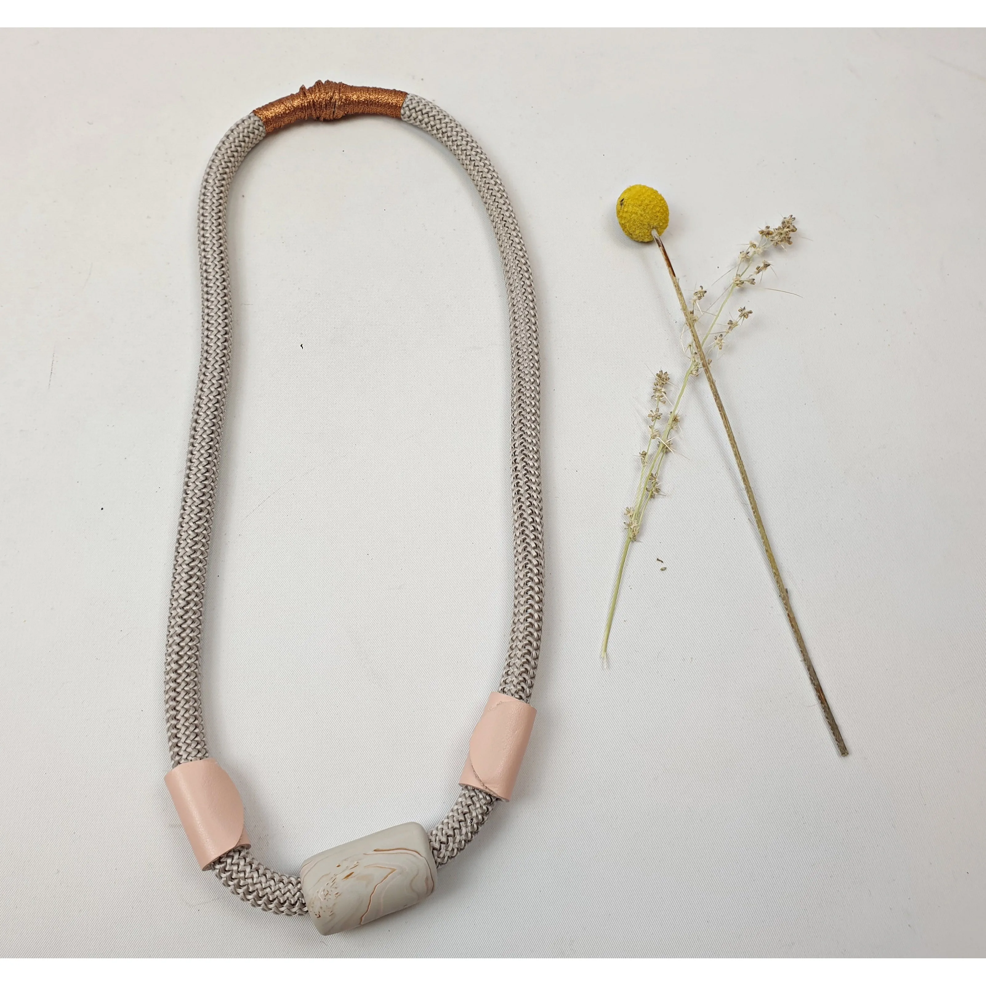 Elk lavendar woven fabric chunky necklace with pink leather detail