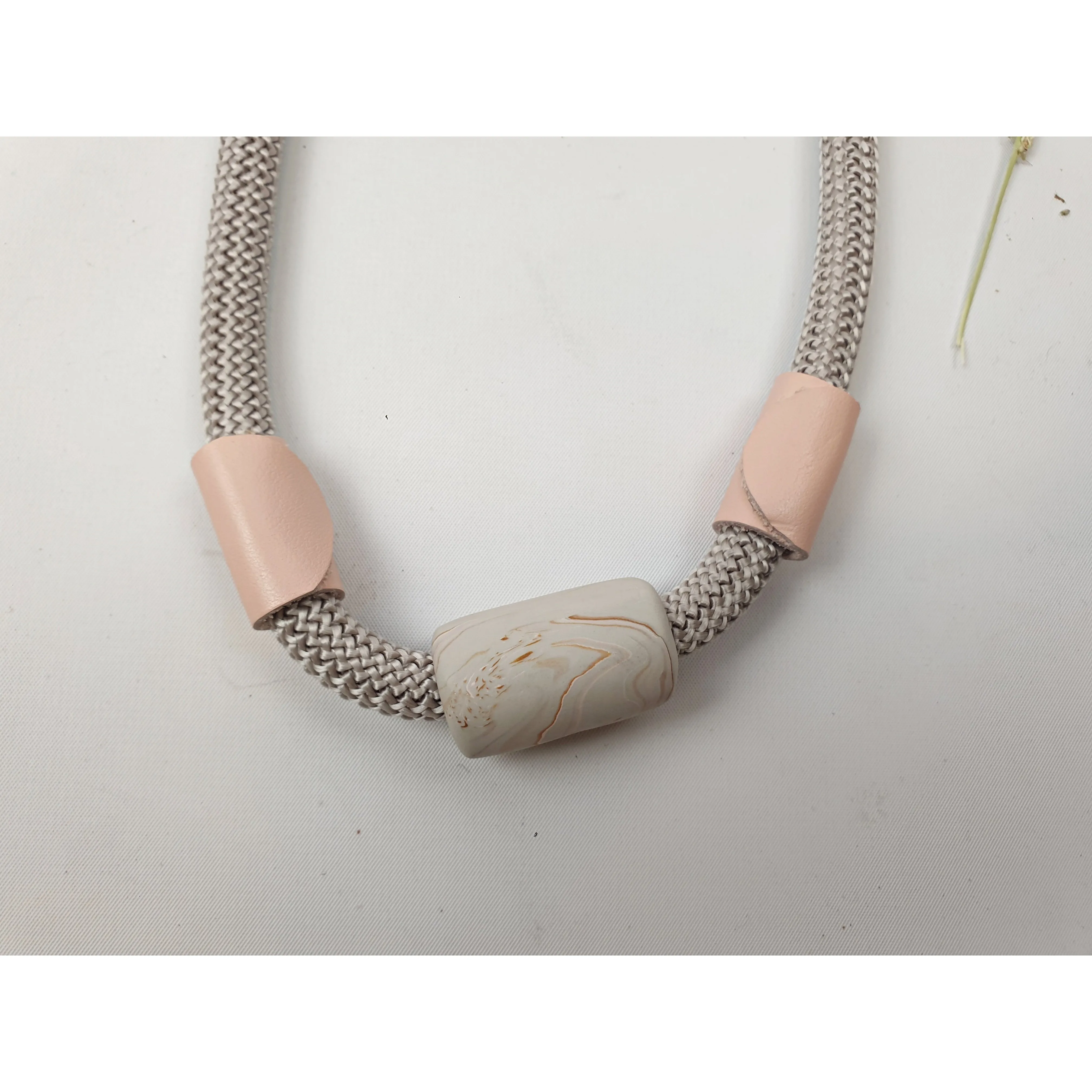 Elk lavendar woven fabric chunky necklace with pink leather detail