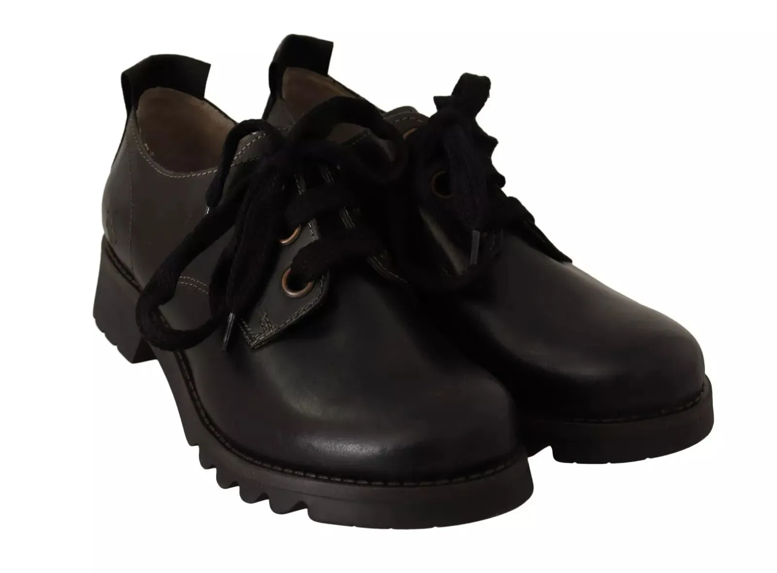 FLY LONDON Black Leather Low Top Lace Up Women Oxford Shoes