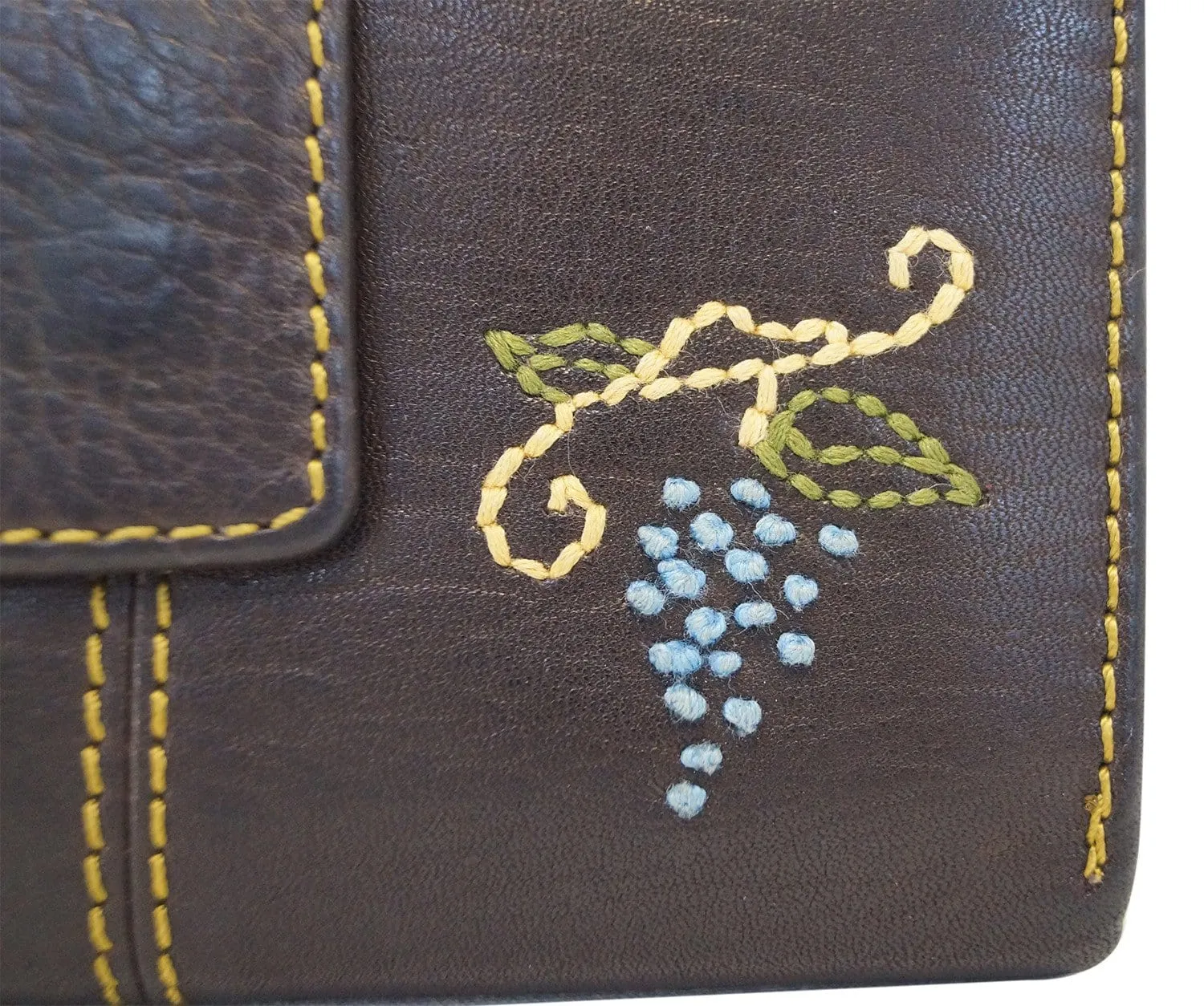 FOSSIL  Dark Brown Leather Grape Applique Trifold Wallet