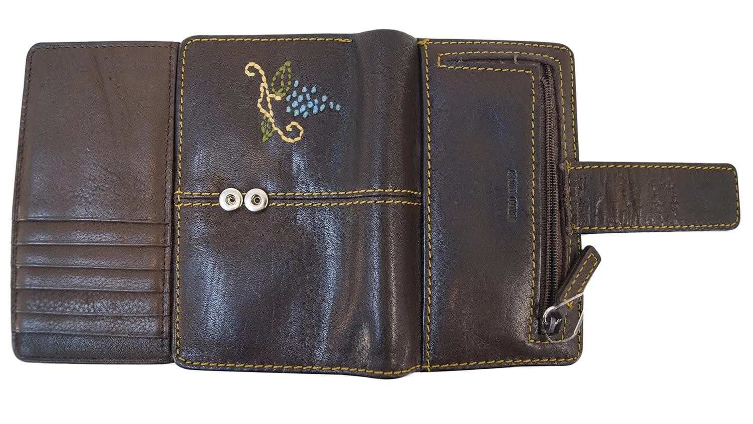 FOSSIL  Dark Brown Leather Grape Applique Trifold Wallet