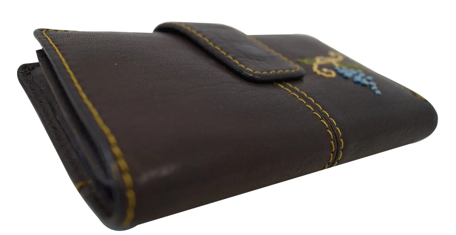 FOSSIL  Dark Brown Leather Grape Applique Trifold Wallet