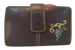 FOSSIL  Dark Brown Leather Grape Applique Trifold Wallet