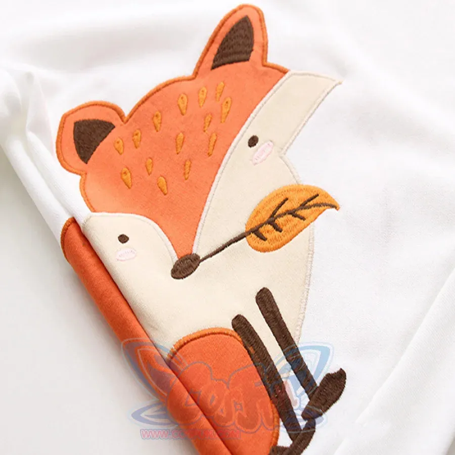 Fox with A grass Embroidery Braid Tie Fox Ears Hoodie J40028