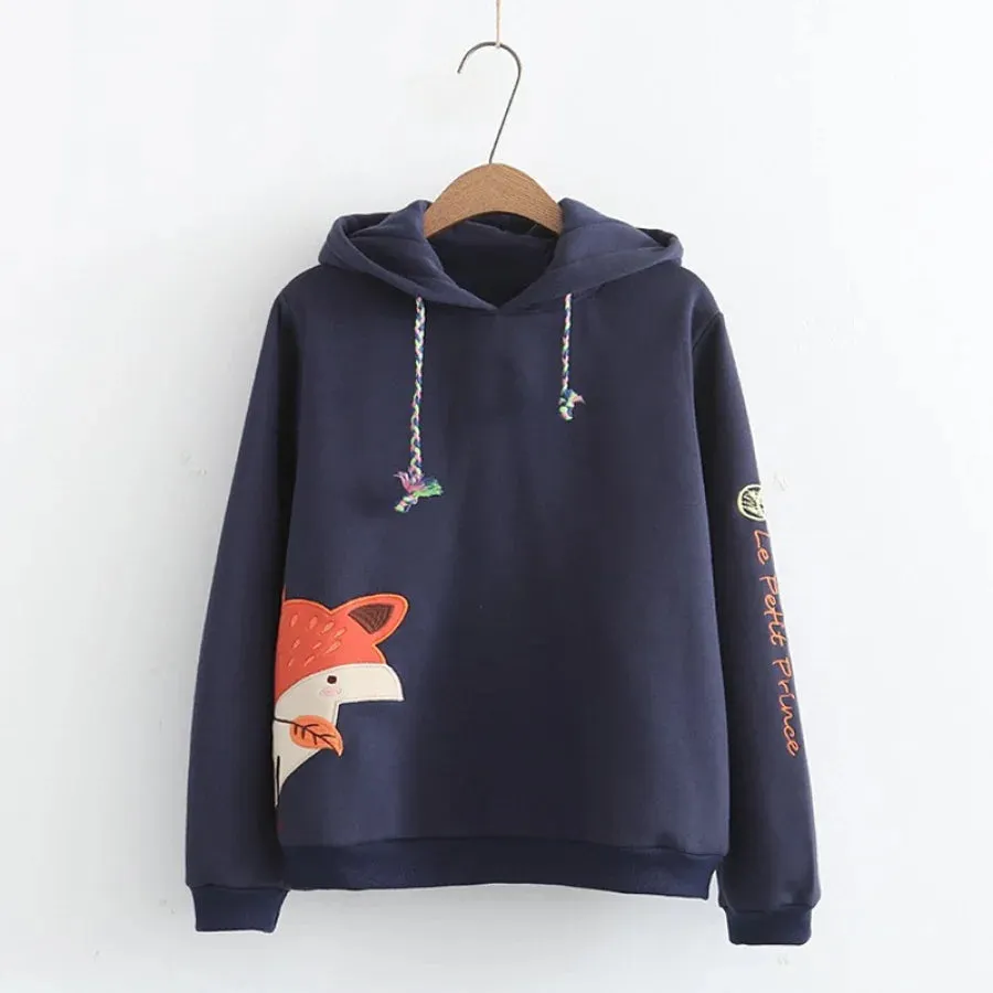 Fox with A grass Embroidery Braid Tie Fox Ears Hoodie J40028
