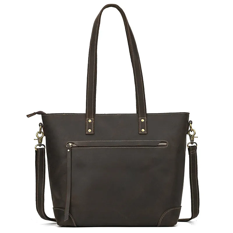 Full Grain Leather Tote Bag Handcrafted Office Bag Leather Shoulder Bag Women Tote With Zipper Outside Pocket
