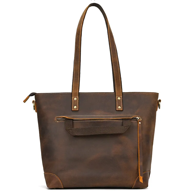 Full Grain Leather Tote Bag Handcrafted Office Bag Leather Shoulder Bag Women Tote With Zipper Outside Pocket