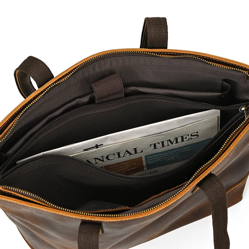 Full Grain Leather Tote Bag Handcrafted Office Bag Leather Shoulder Bag Women Tote With Zipper Outside Pocket