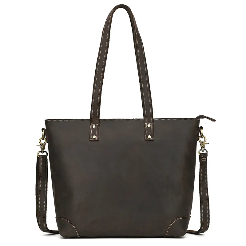 Full Grain Leather Tote Bag Handcrafted Office Bag Leather Shoulder Bag Women Tote With Zipper Outside Pocket