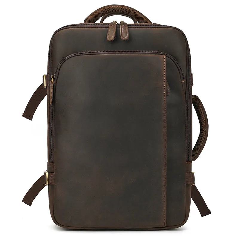 Full Grain Leather Travel Backpack Mens Large Leather Backpack Laptop Backpack Convertible Handbag