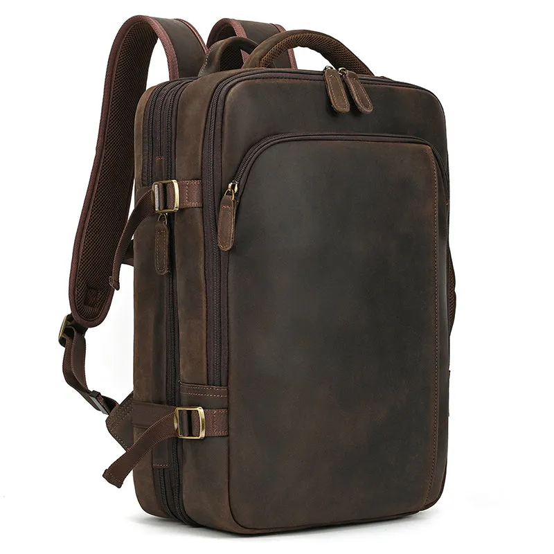 Full Grain Leather Travel Backpack Mens Large Leather Backpack Laptop Backpack Convertible Handbag