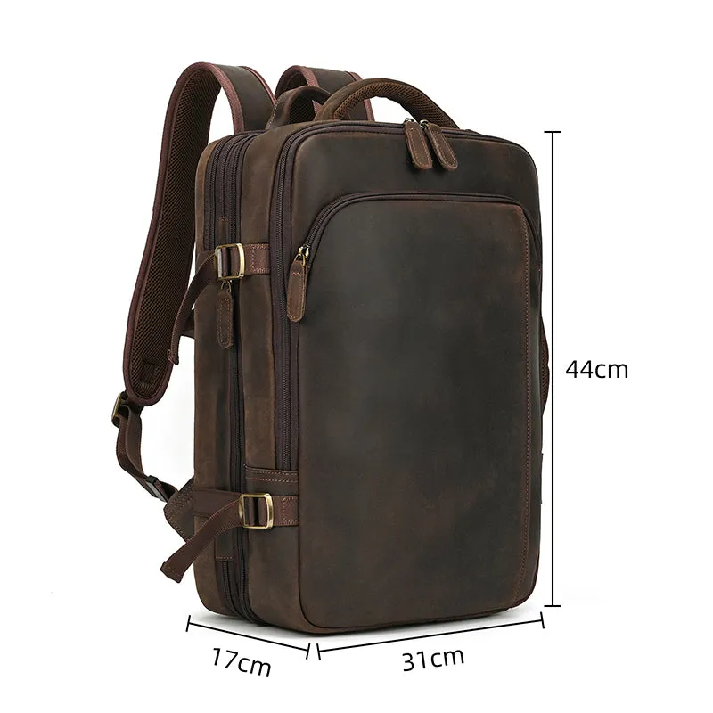 Full Grain Leather Travel Backpack Mens Large Leather Backpack Laptop Backpack Convertible Handbag