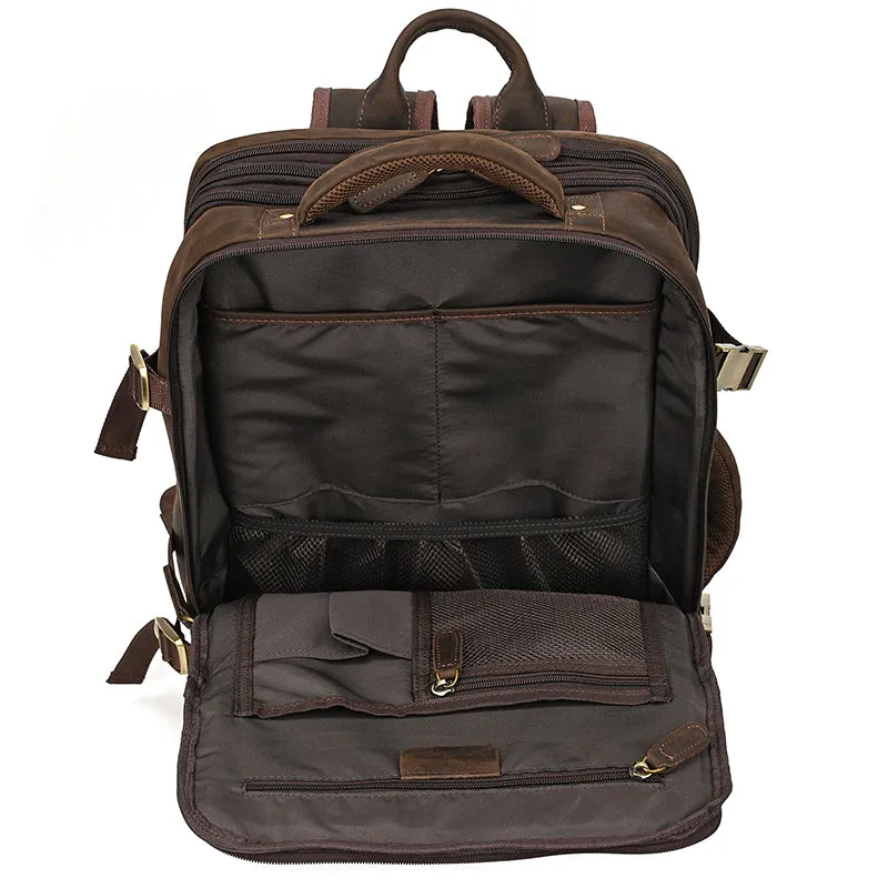 Full Grain Leather Travel Backpack Mens Large Leather Backpack Laptop Backpack Convertible Handbag
