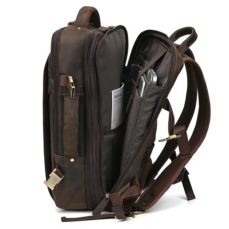 Full Grain Leather Travel Backpack Mens Large Leather Backpack Laptop Backpack Convertible Handbag