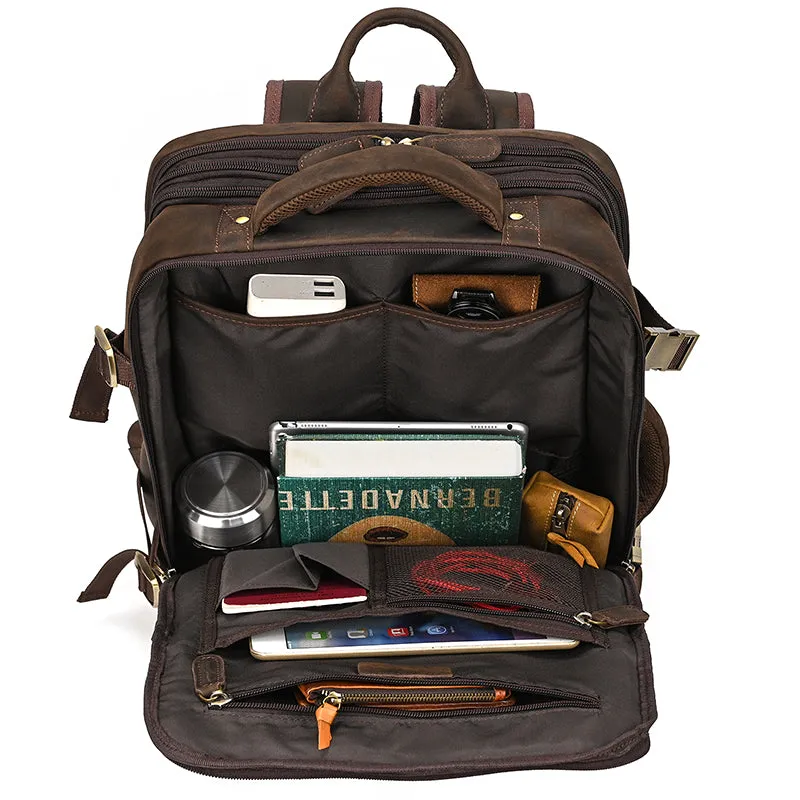Full Grain Leather Travel Backpack Mens Large Leather Backpack Laptop Backpack Convertible Handbag