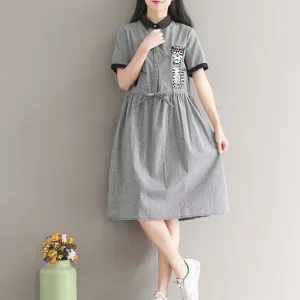 Gingham Cat Print Smock Dress