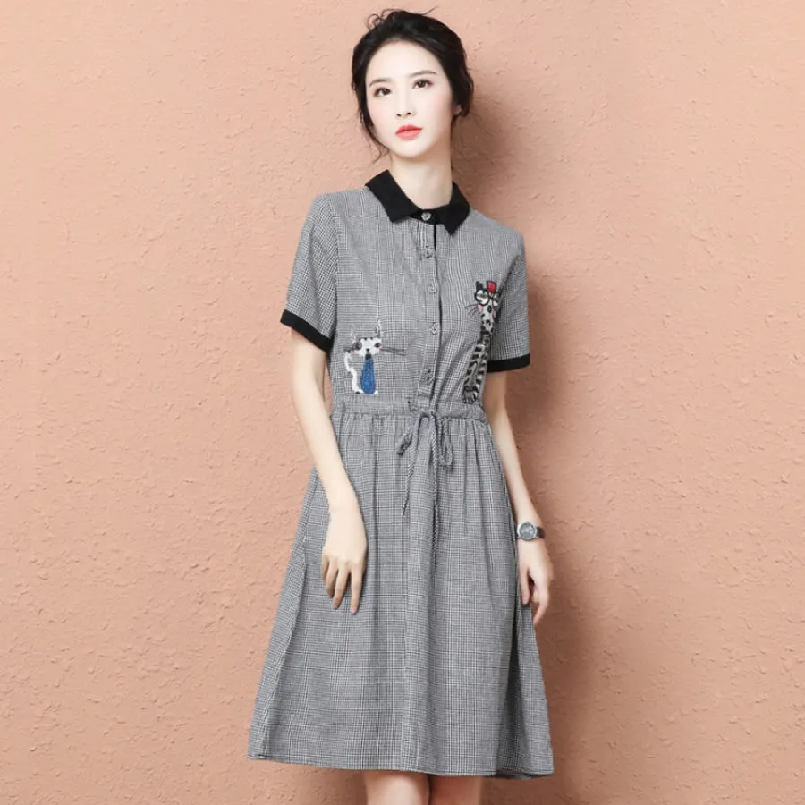 Gingham Cat Print Smock Dress