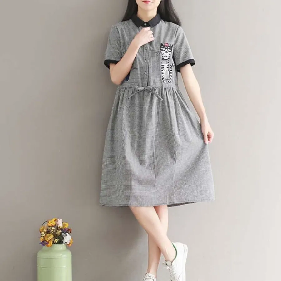 Gingham Cat Print Smock Dress