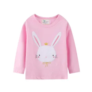 Girls Cute Bunny Print Long Sleeve Cotton Top - Pink