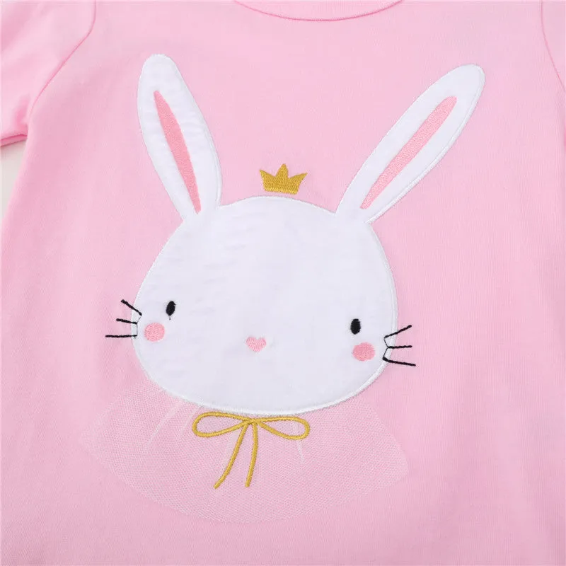 Girls Cute Bunny Print Long Sleeve Cotton Top - Pink