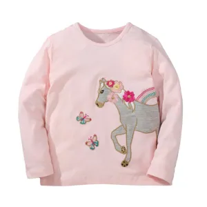 Girls Embroidered Horse & Flowers Long Sleeve Cotton T-shirt - Pink