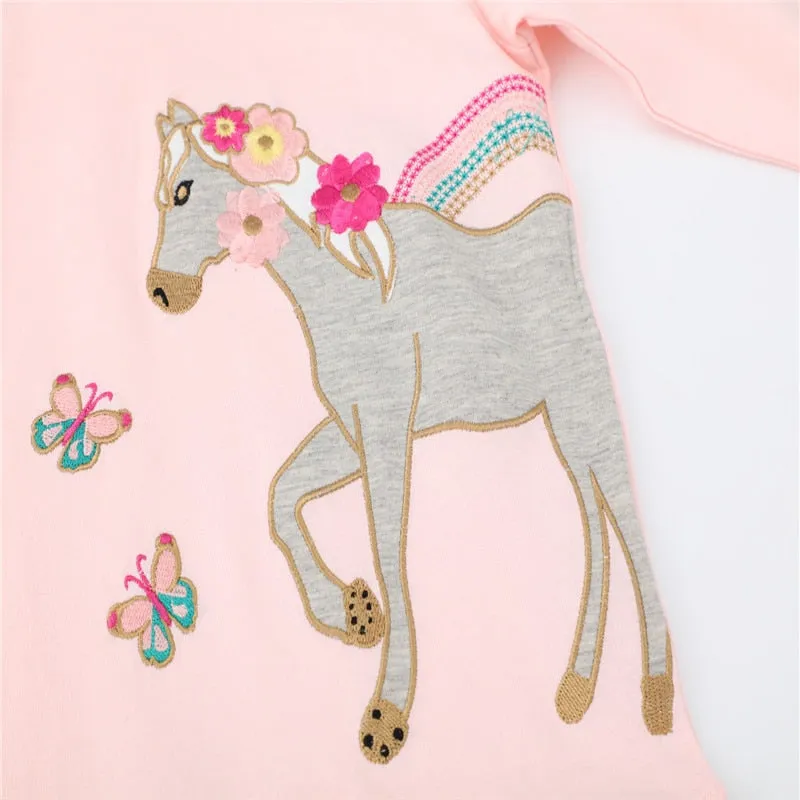 Girls Embroidered Horse & Flowers Long Sleeve Cotton T-shirt - Pink