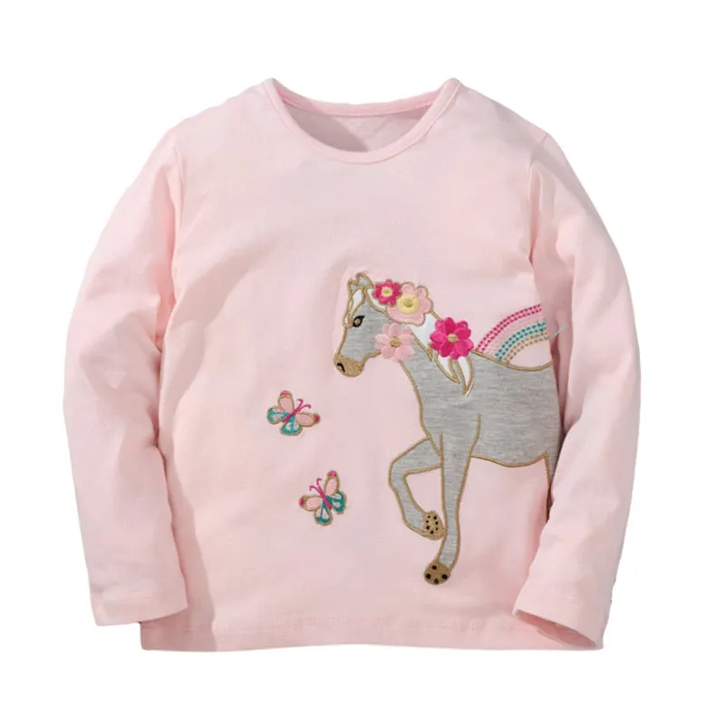 Girls Embroidered Horse & Flowers Long Sleeve Cotton T-shirt - Pink