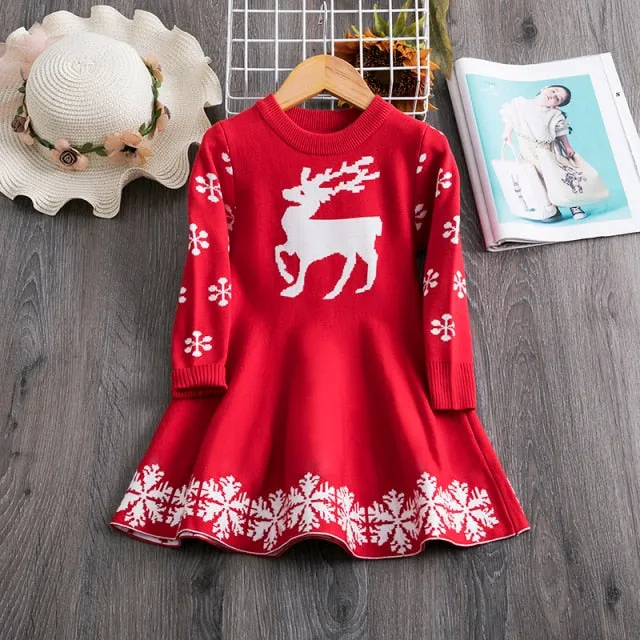 Girls Knitting Sweater Winter  Autumn Full Sleeve Elk Christmas Dress
