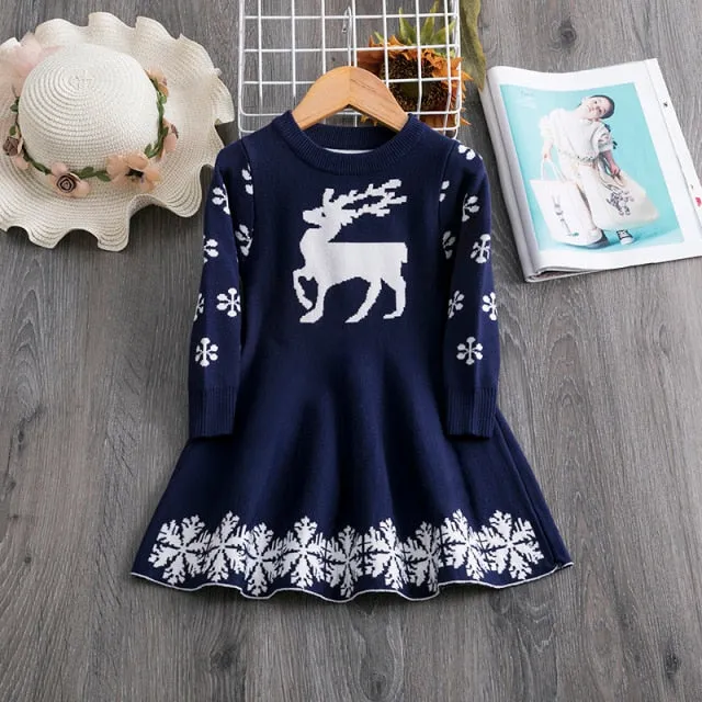Girls Knitting Sweater Winter  Autumn Full Sleeve Elk Christmas Dress