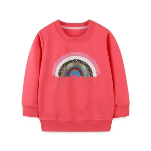 Girls Long Sleeve Cartoon Rainbow Cotton Sweatshirt - Hot PInk