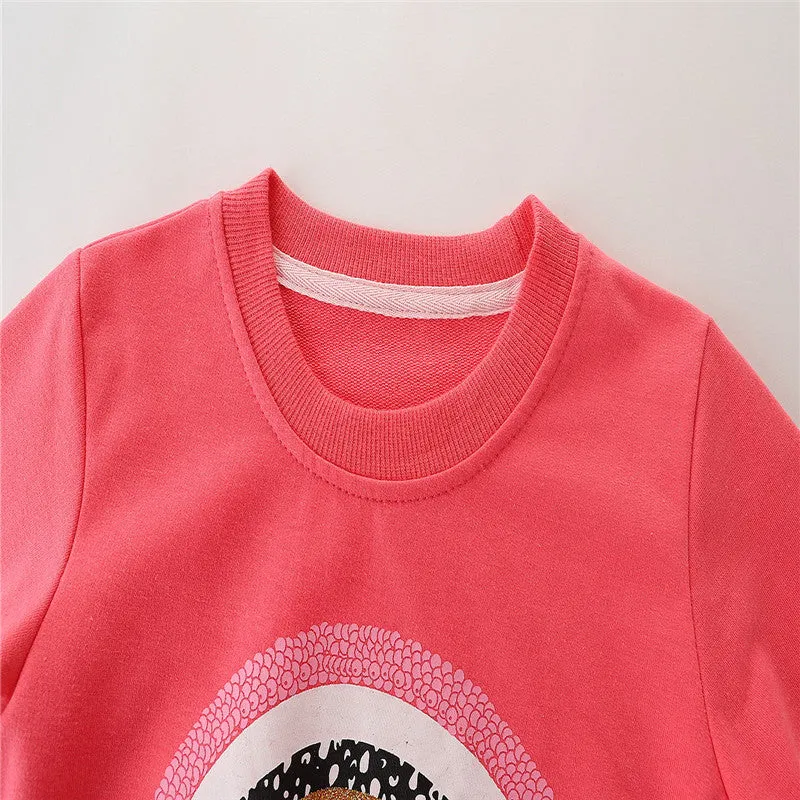 Girls Long Sleeve Cartoon Rainbow Cotton Sweatshirt - Hot PInk