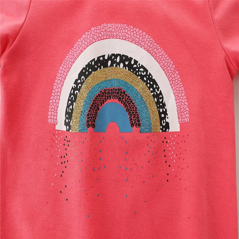Girls Long Sleeve Cartoon Rainbow Cotton Sweatshirt - Hot PInk